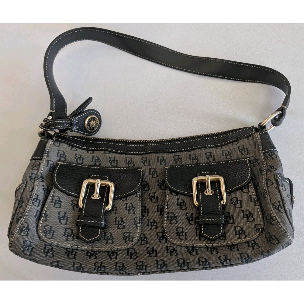Dooney & Bourke Vintage DB Monogram Canvas Shoulder Bag Black Grey Buckle Flap